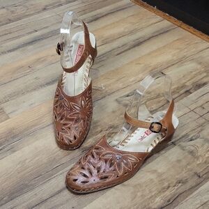 PIKOLINOS Brown Leather Ankle Strap Perforated Laser Cut Mary Jane Shoe